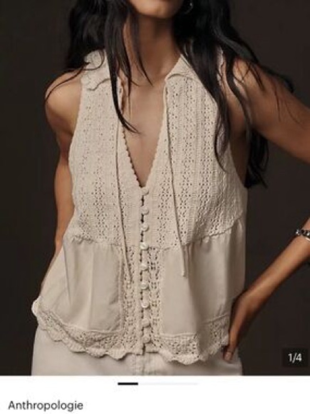 NWT ANTHROPOLOGIE Ivory Crochet-Trim Sleeveless Button Front Top Size Medium